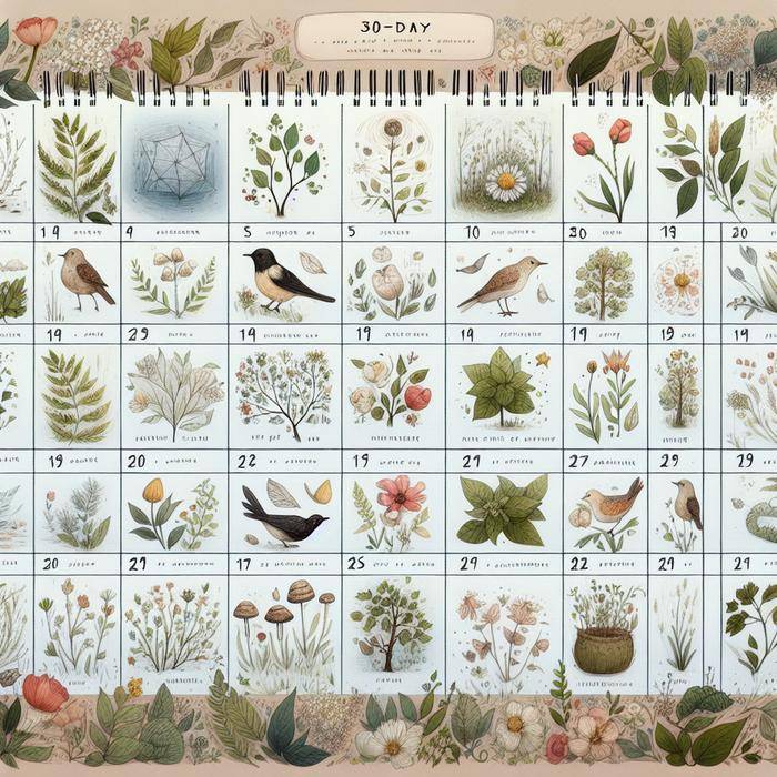 Calendar illustration of 30-day nature sketching challenge