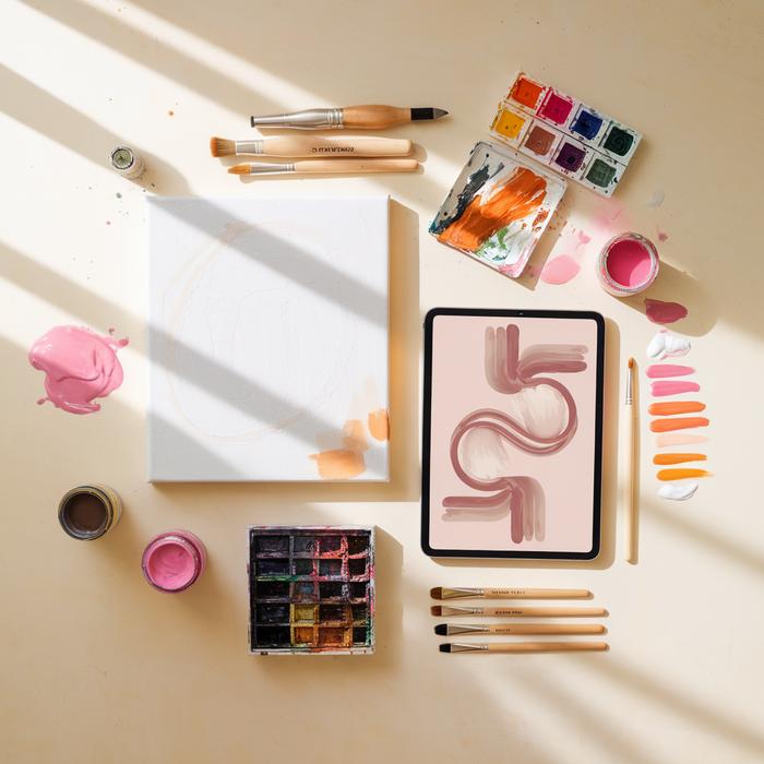 Inviting flat lay of colorful abstract art supplies and digital tools