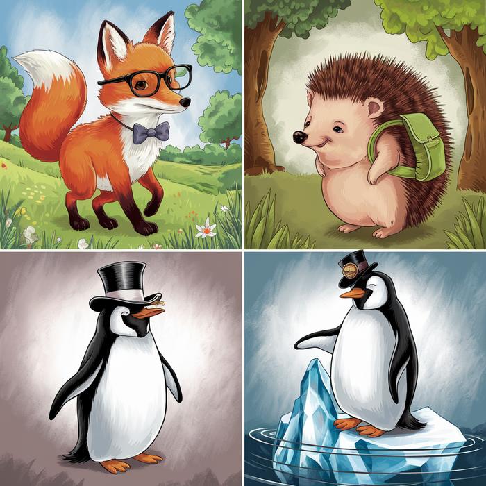 Cute animals with accessories and themed backgrounds