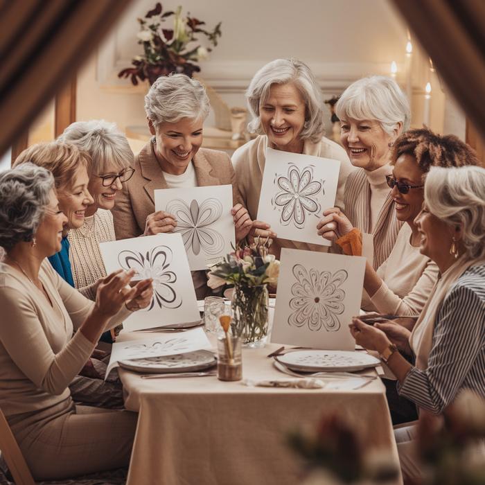 Diverse group of mature women sharing and enjoying abstract pattern drawings together