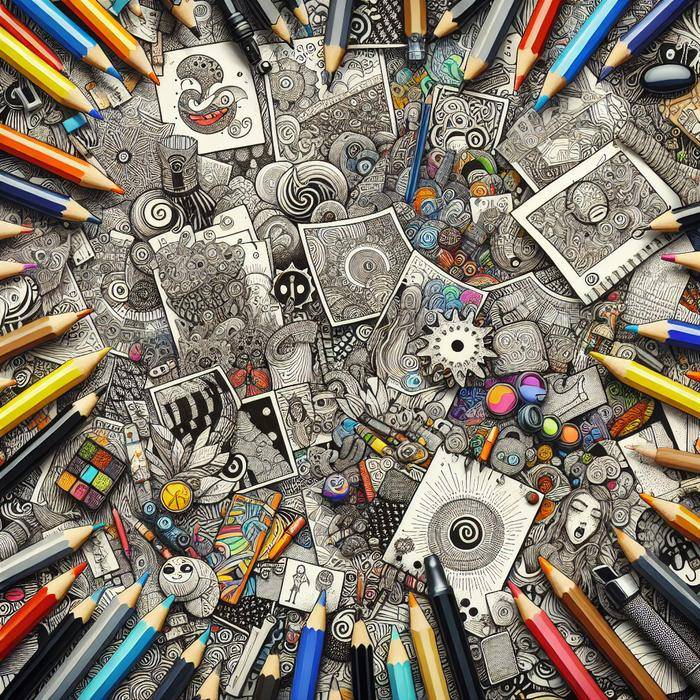 Collage of art supplies and finished artworks