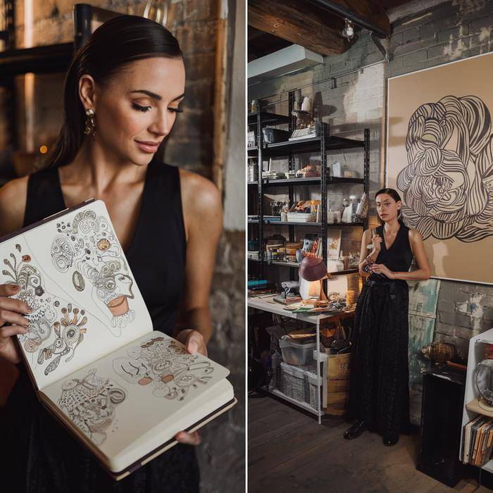 Excited woman exploring art store