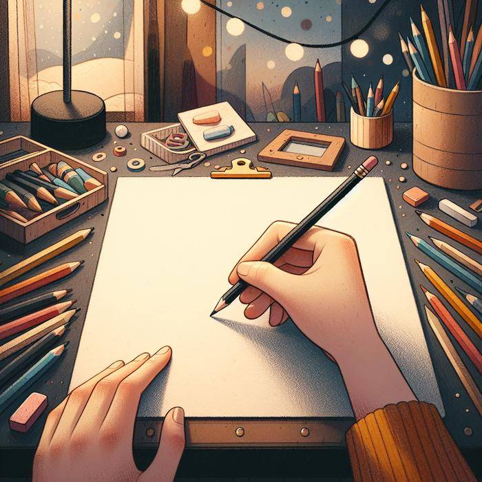 Hand with pencil over sketchpad, surrounded by art supplies in cozy room