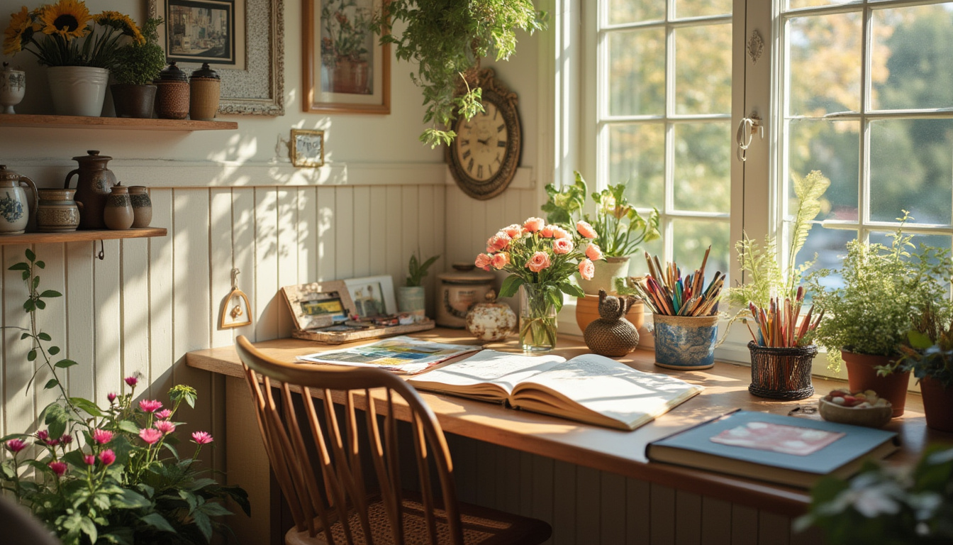 Inviting art corner with flowers, sketchbook, and drawing tools