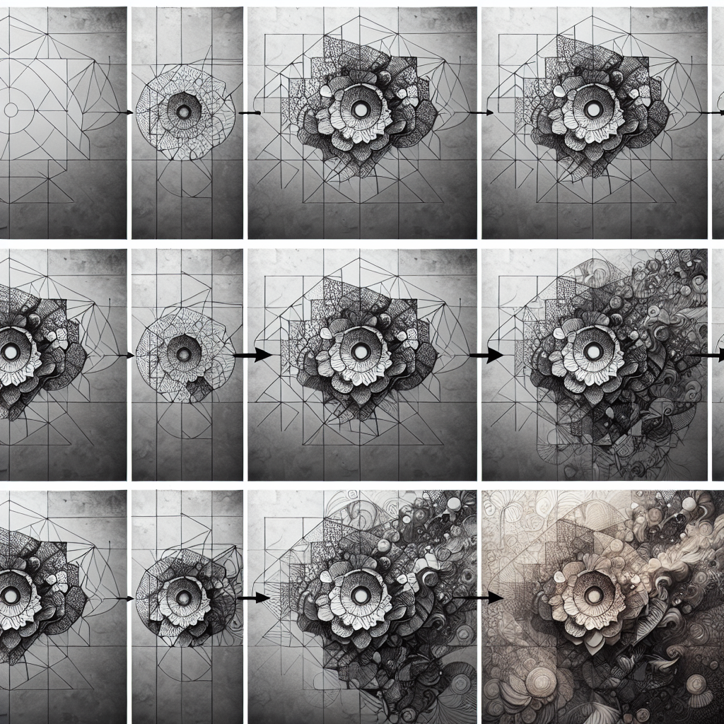 Progression of a drawing from basic shapes to detailed masterpiece