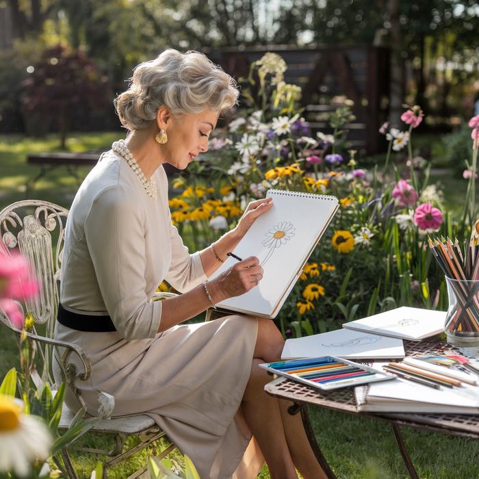 Woman sketching daisy in garden