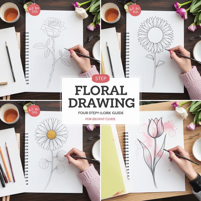 Four different styles of floral drawings