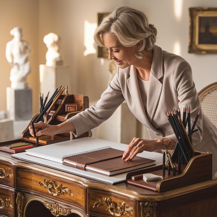 Woman organizing art supplies for botanical drawing