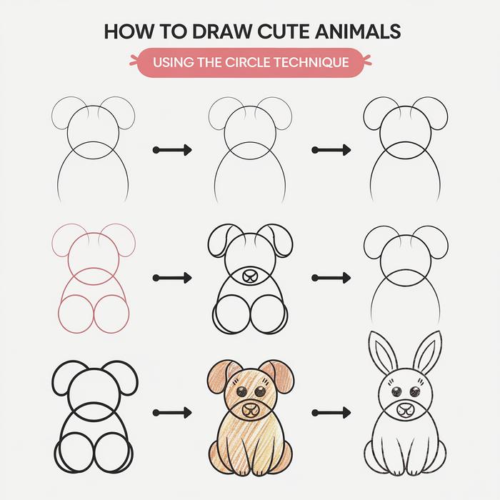 Visual guide showing how to use circles to draw cute animals