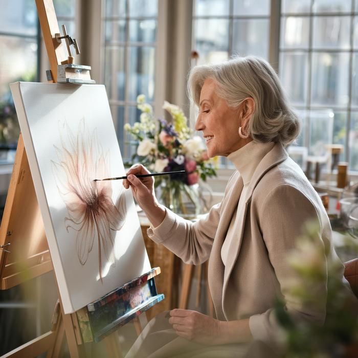 Woman adding watercolor to flower sketch