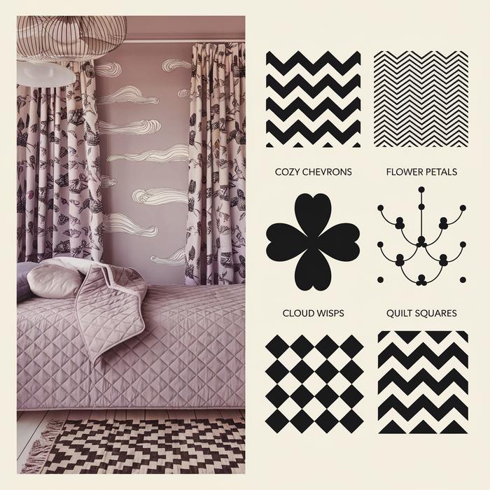 Split panel showing four cozy abstract patterns and a tranquil bedroom scene