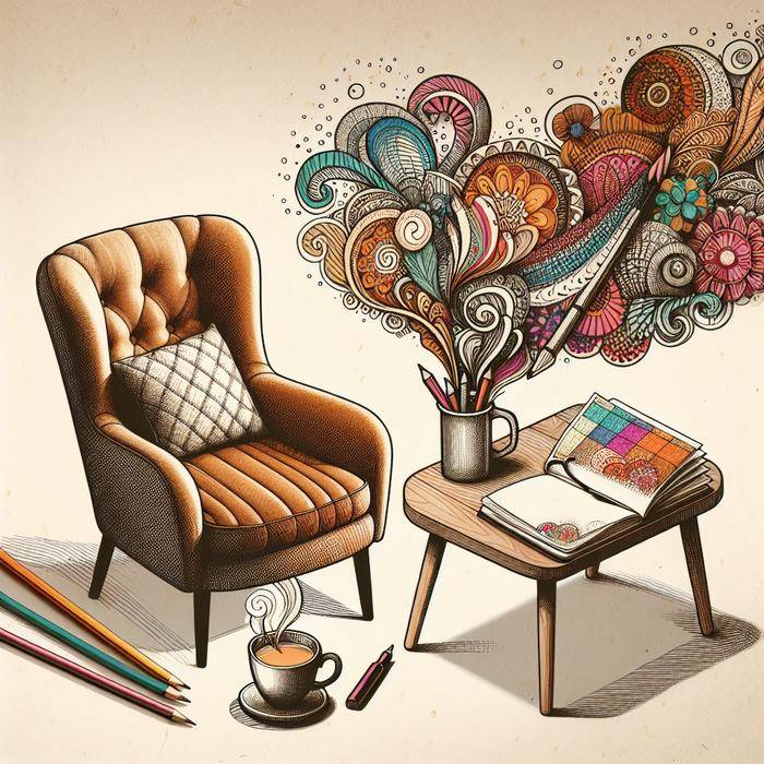 Inviting and cozy doodling corner with notebook and tea