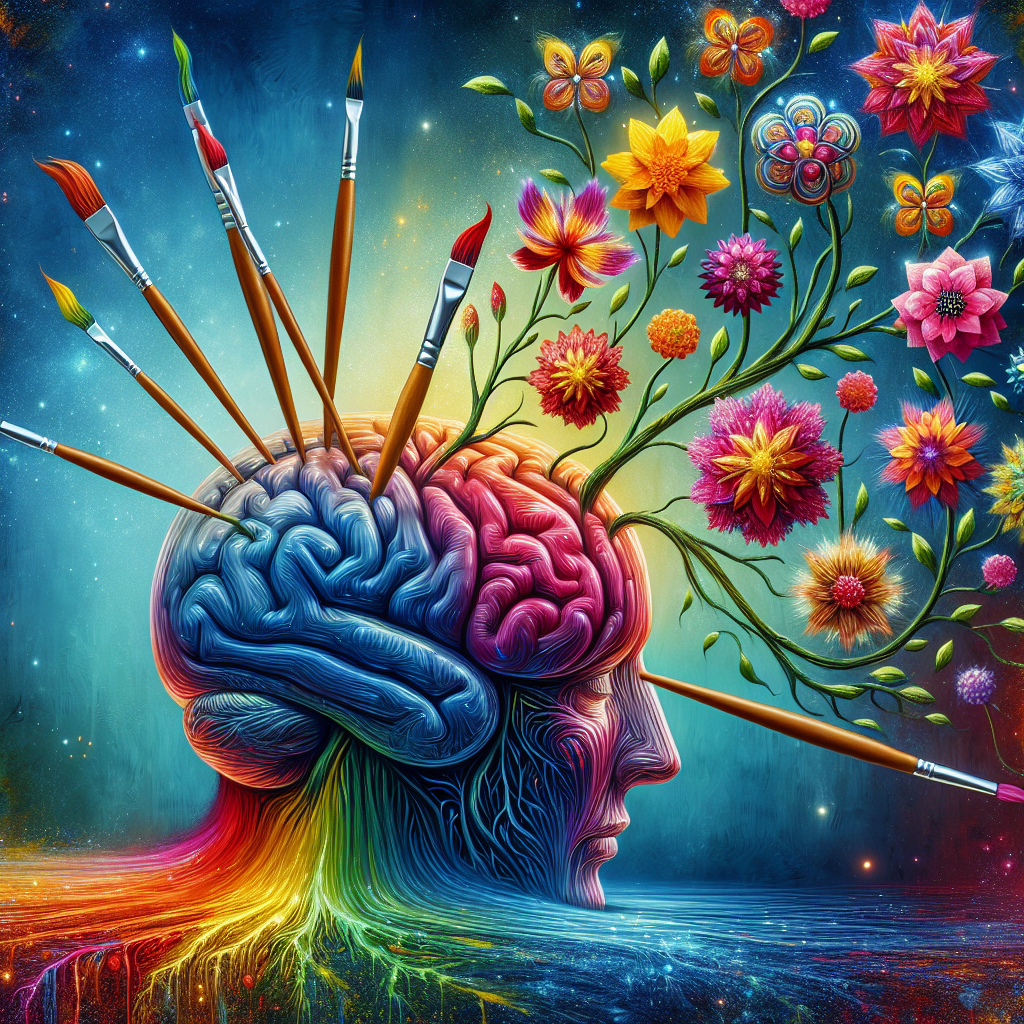 Brain with flowers and paintbrushes symbolizing creativity