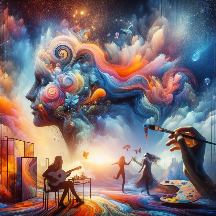 Vibrant collection of art supplies and finished artworks