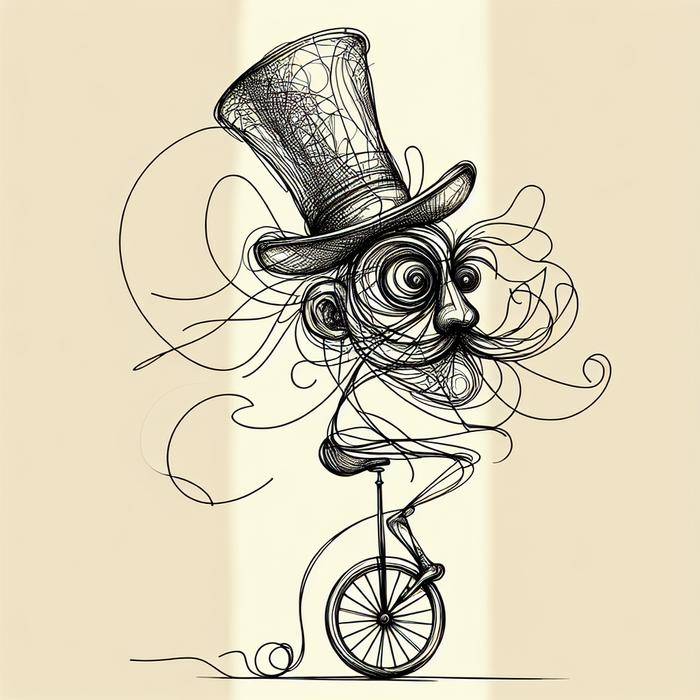 Quirky sketch of face on unicycle