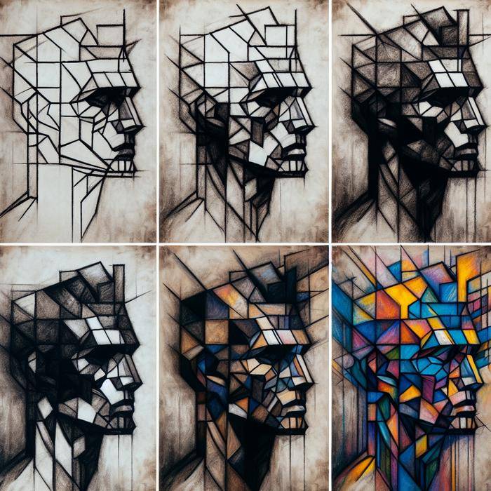 Four-step cubist self-portrait creation process