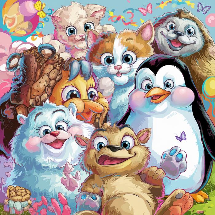 Diverse group of adorable cartoon animals gathered together