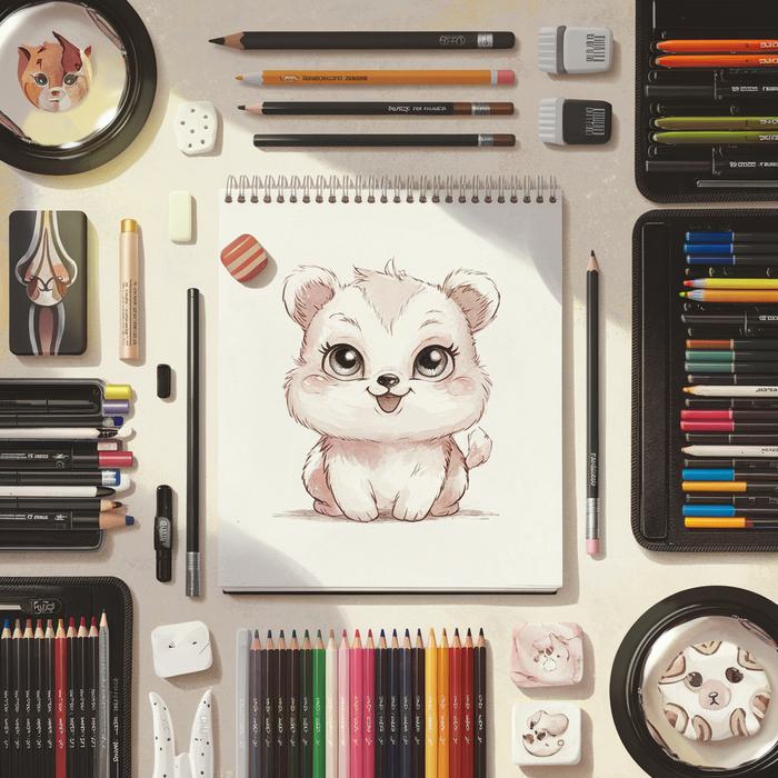 Artistic workspace with tools for drawing cute animals