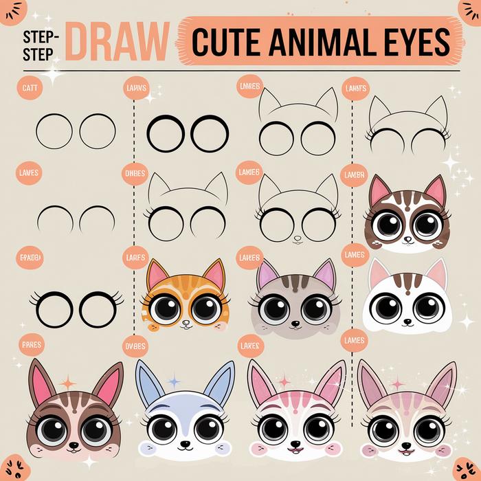 Step-by-step guide for drawing cute animal eyes with various styles