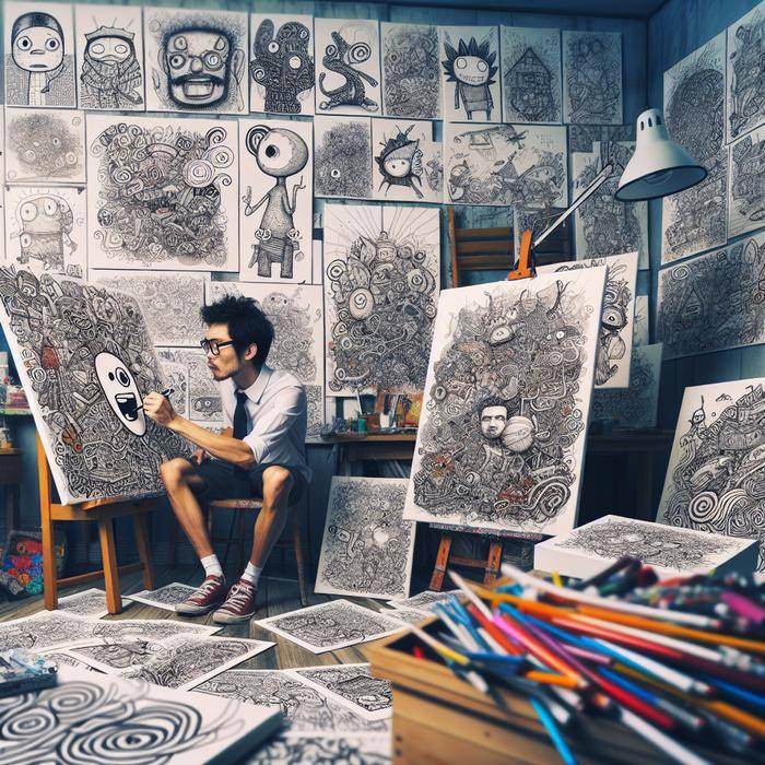 Inspiring art studio filled with doodle artwork and an enthusiastic artist