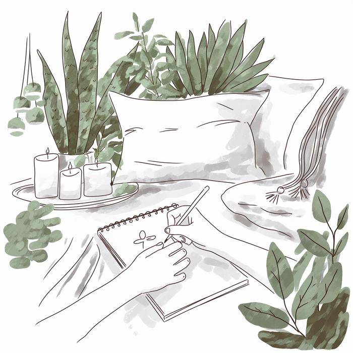Person sketching in cozy corner surrounded by plants