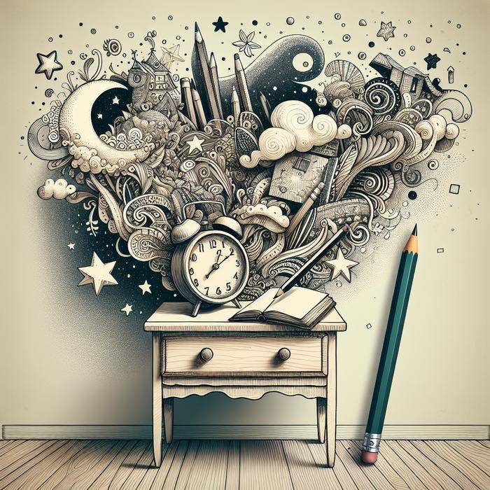 Nightstand with art supplies and floating dream symbols