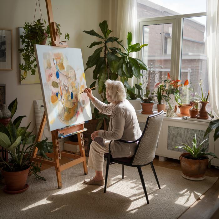 Serene older woman creating abstract art with beautiful imperfections