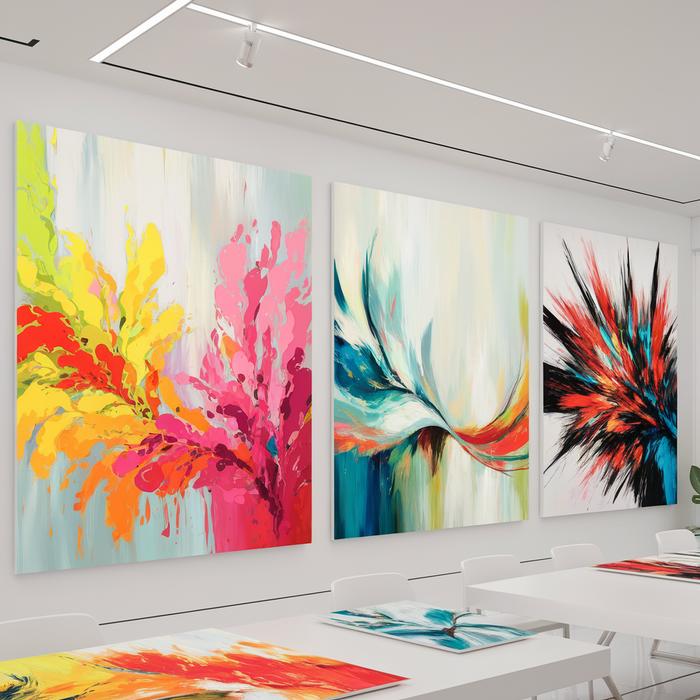 Three abstract paintings evoking different emotions through color