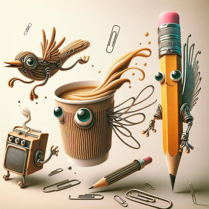 Collage of everyday objects transformed into whimsical doodles