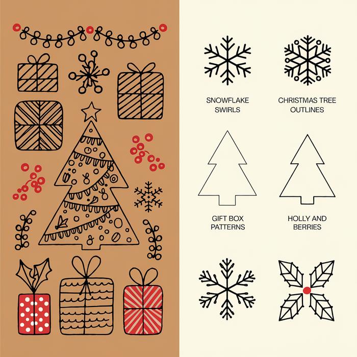 Split panel showcasing four festive doodle patterns and a cozy Christmas scene