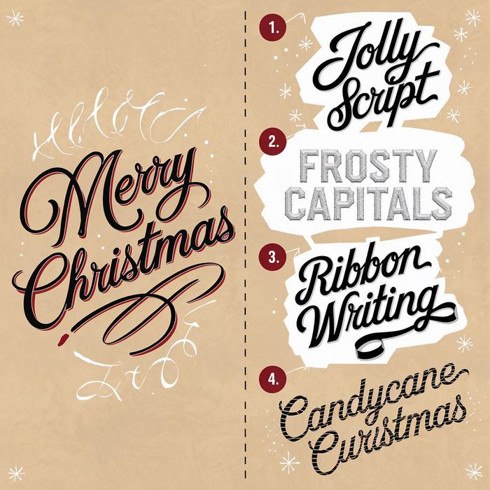 Split panel showcasing four festive lettering styles and a combined 'Merry Christmas' message