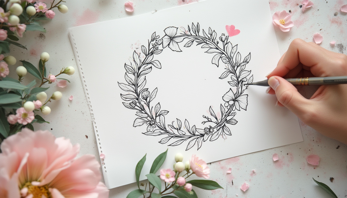 Step-by-step guide for creating a floral wreath drawing