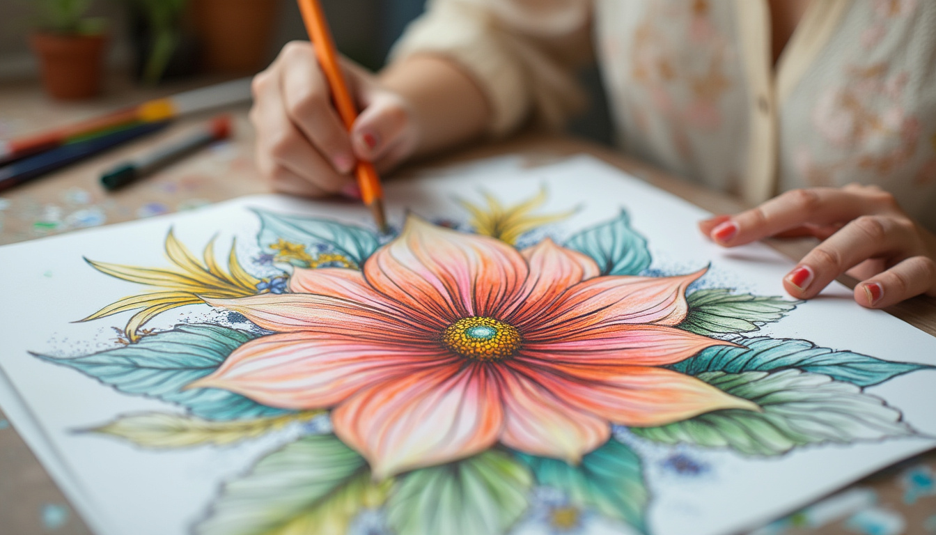 Hands coloring a detailed flower sketch with pencils