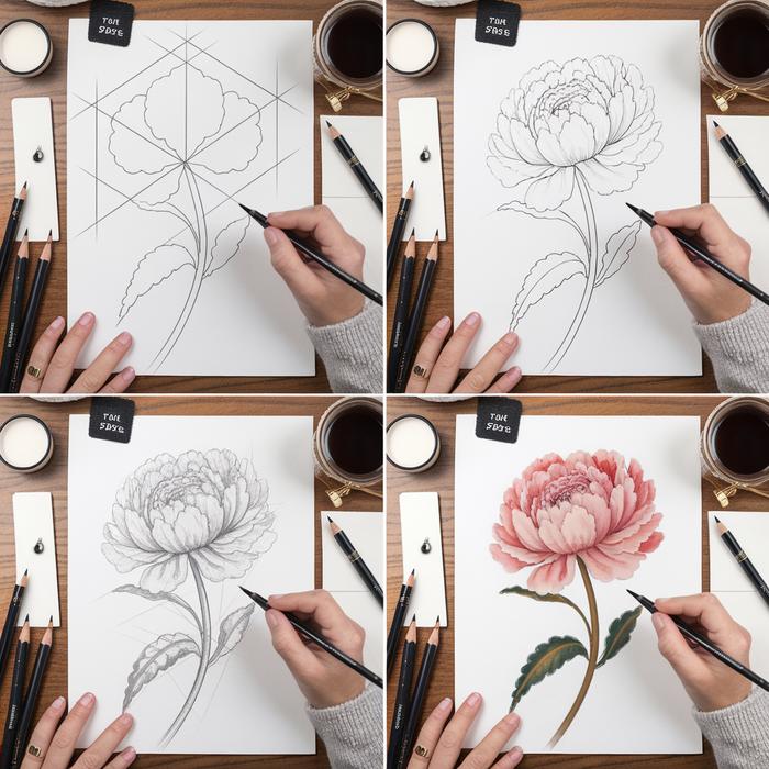 Flower sketch progression from basic to detailed