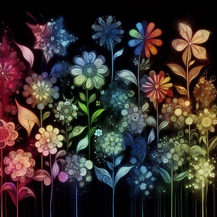 Page of interconnected and evolving flower doodles