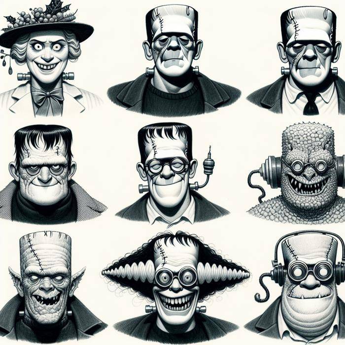 Assortment of Frankenstein's monster doodles with unique characteristics