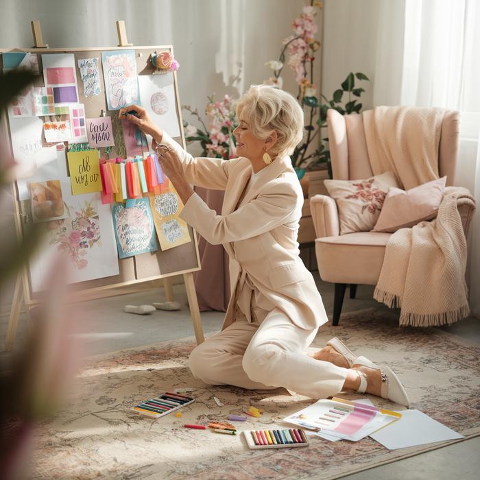 Woman designing a colorful mini vision board