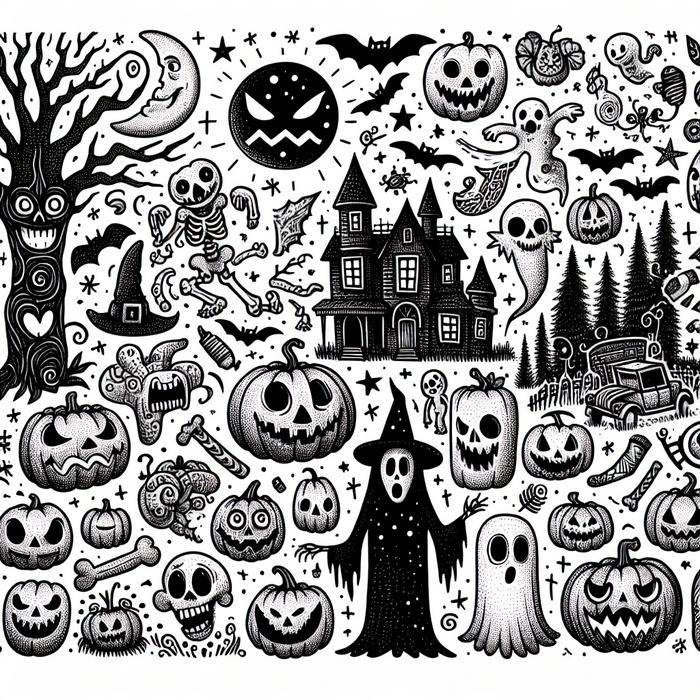 Comprehensive Halloween scene featuring various spooky doodles