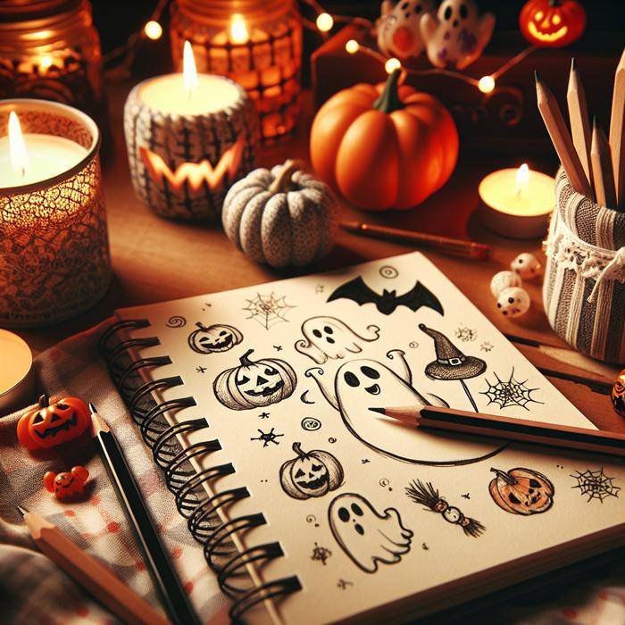 Cozy Halloween-themed desk with sketchbook and art supplies