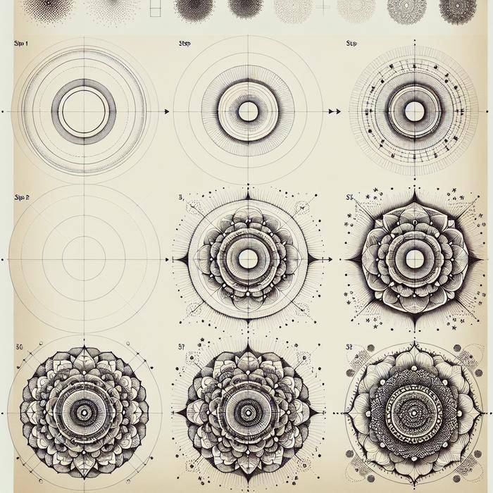 Timelapse series showing steps of creating a mandala from circle to finished design