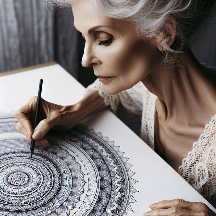 Woman creating an intricate mandala pattern