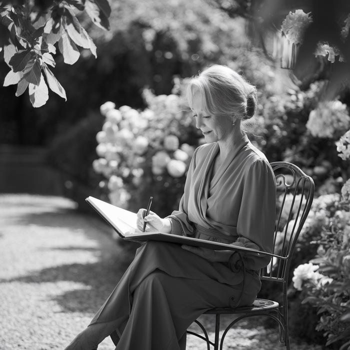 Woman peacefully sketching in garden