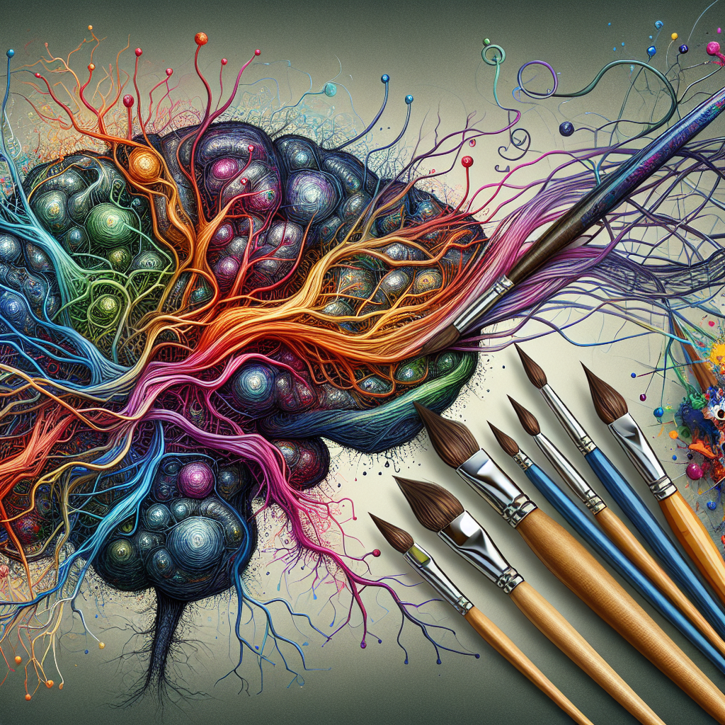 Abstract art showing neurons with integrated paintbrushes and pencils