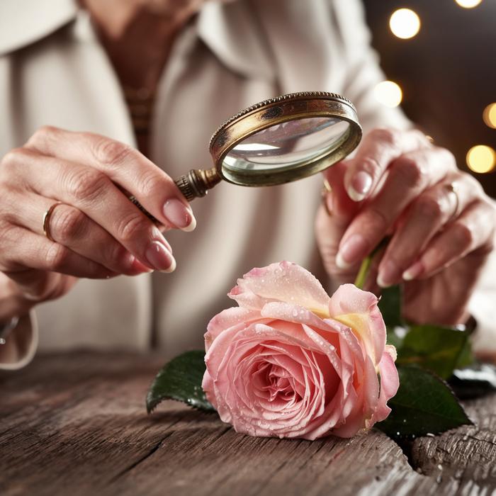 Woman examining rose with magnifying glass