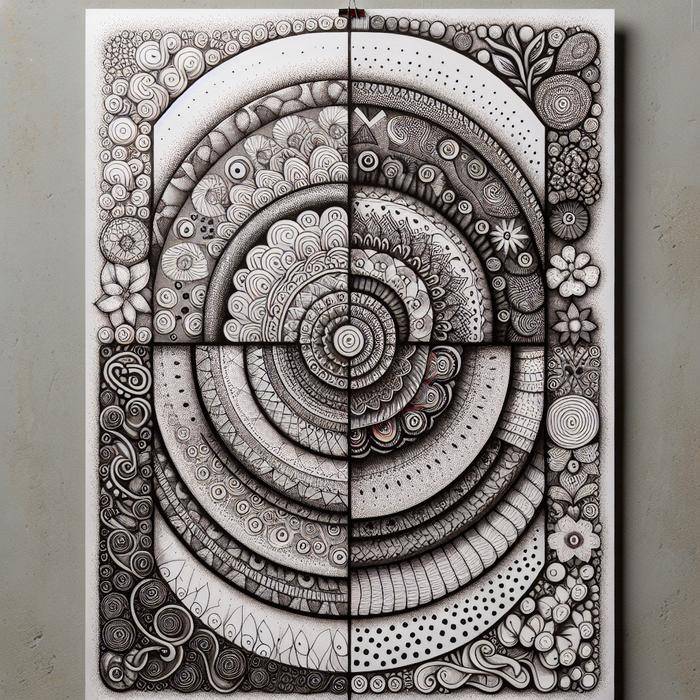 Eight-section mandala with varied doodle patterns