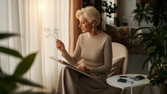 Mature woman sketching flowers by window