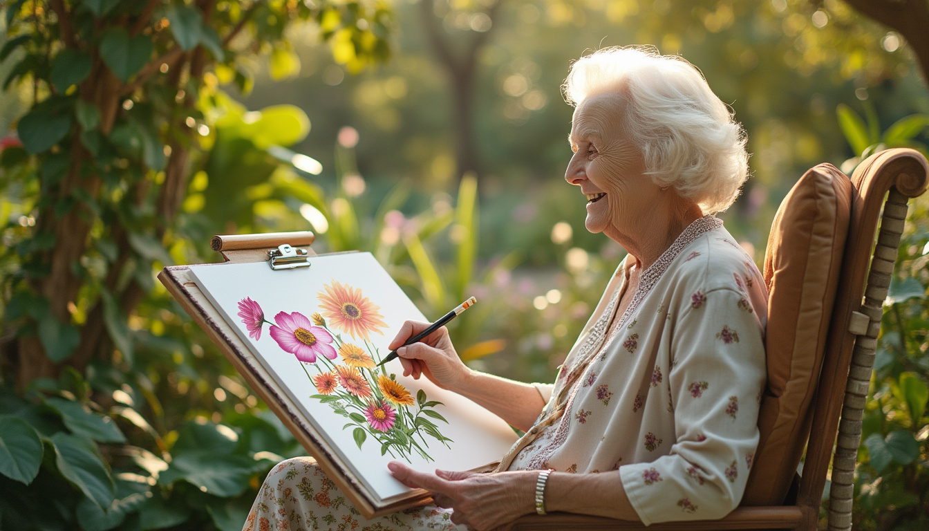 Fashionable older woman drawing flowers in a lush garden