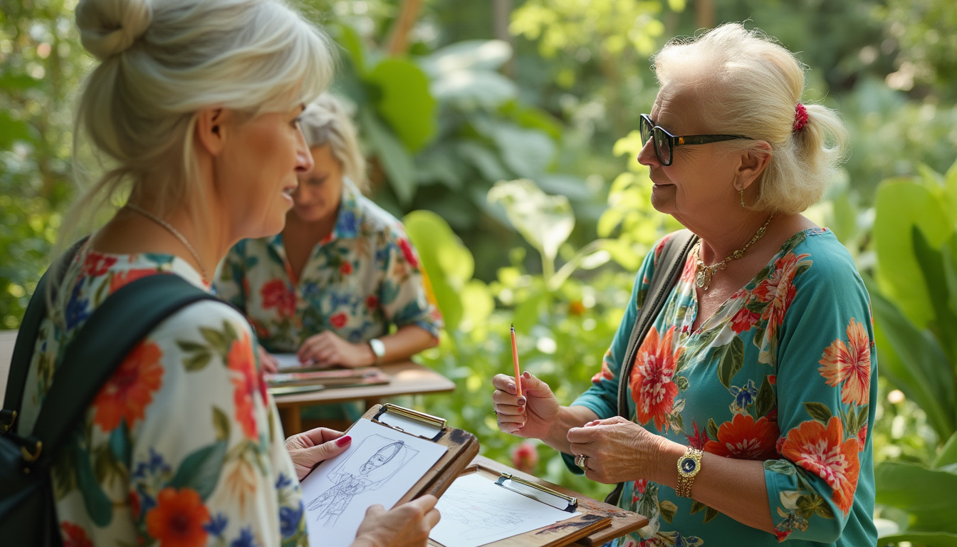 Group of elegant older women sketching together in a beautiful garden