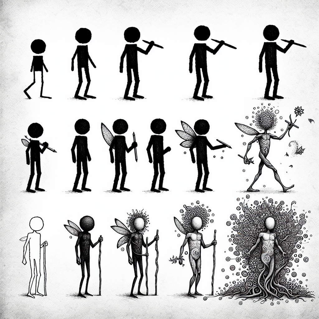 Stick figure evolving into beautiful artwork