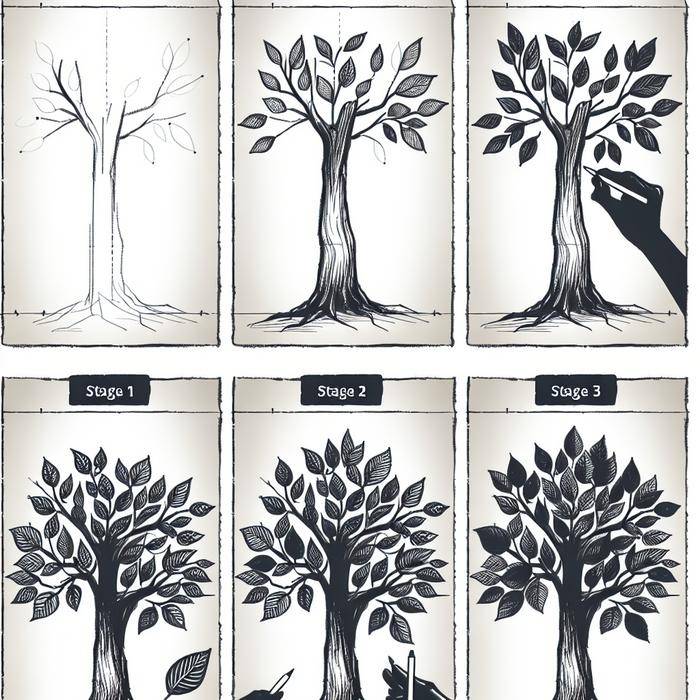 Progression of tree drawings from simple to detailed